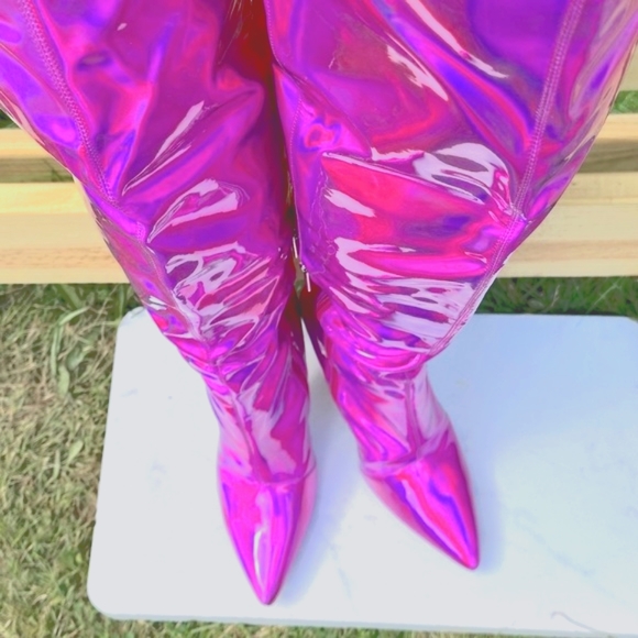 ☆ SEXY Hot Pink Metallic Thigh High Boots With 5' Stiletto Heels - Picture 5 of 8